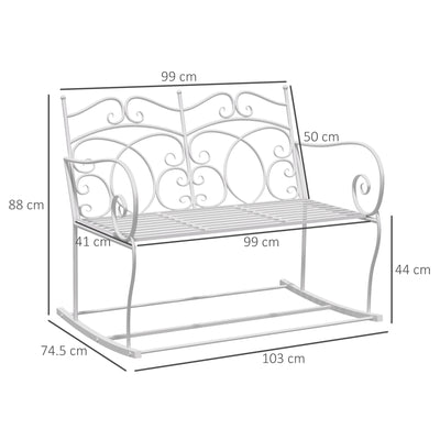 Outsunny Patio 2 Seater Rocking Bench Steel Garden Outdoor Garden Loveseat Chair w/ Decorative Backrest White 