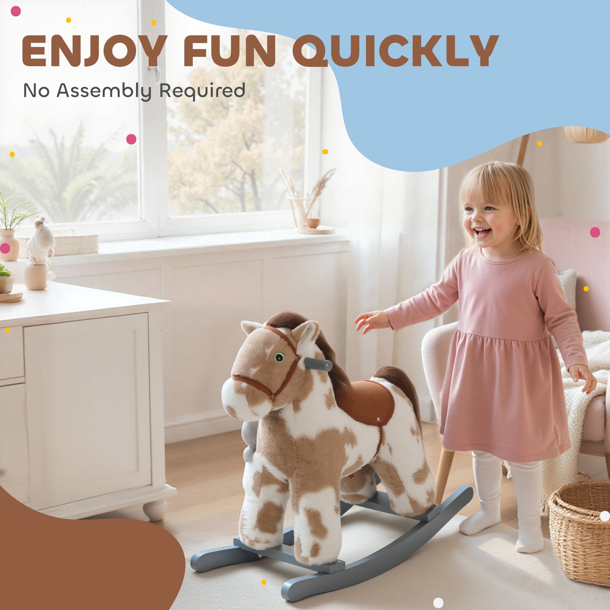 AIYAPLAY Baby Rocking Horse, Plush Animal Rocker with Realistic Sound and Toy, Rocking Toy Chair for Kids Aged 2-5, Brown 