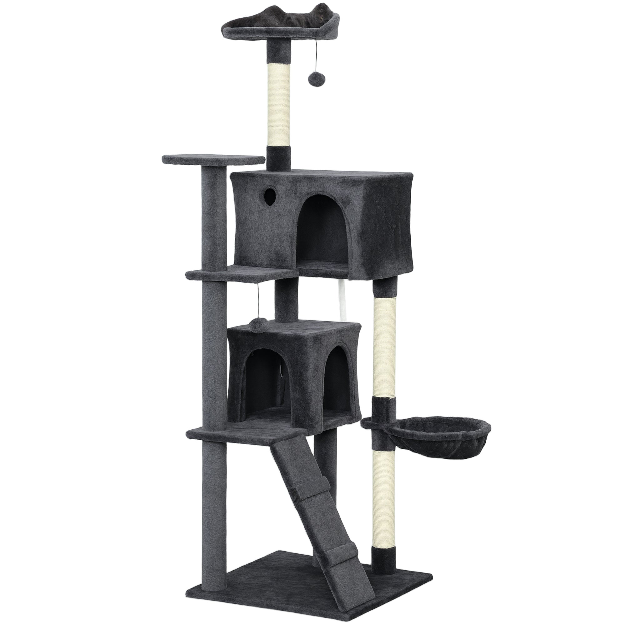 PawHut 180cm Large Cat Tree Tower with Sisal Scratching Posts, Condos, Plush Perches, Hammock, Ladder, Dark Grey 