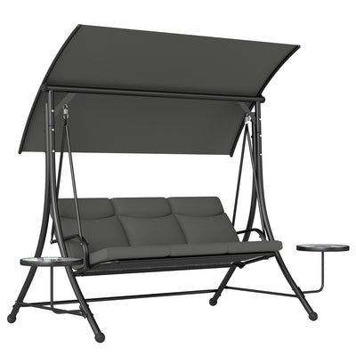 Outsunny 3 Seater Garden Swing Chair with Adjustable Canopy, Cushion and Coffee Tables for Outdoor Dark Grey 