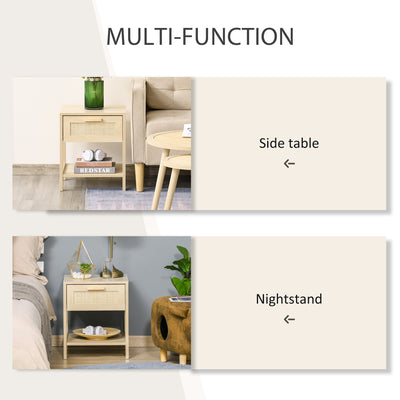 HOMCOM Nightstand with Rattan Drawer and Storage Shelf, Bedside End Table for Bedroom, Living Room 