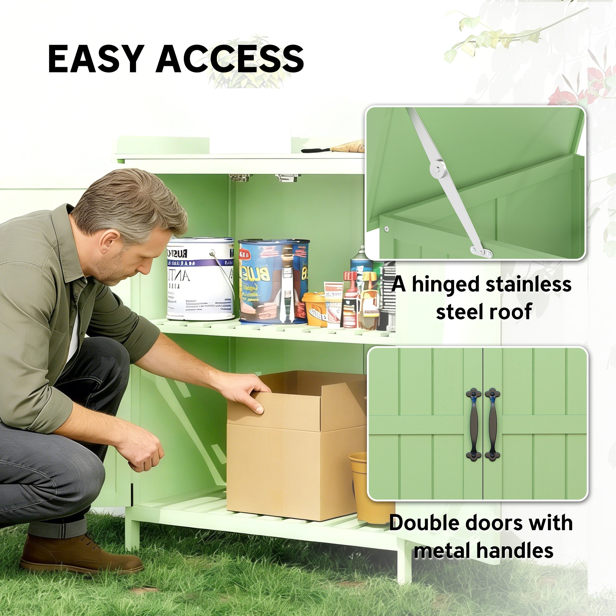 Outsunny Wooden Garden Shed, Garden Tool Storage Shed with Hinged Roof and Shelf, Outdoor Storage Cabinet with Double Doors, Light Green 