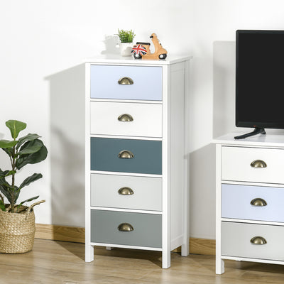 HOMCOM Slim Storage Cabinet Organiser, Chest of Drawers, 5-Drawer Dresser with Metal Handle for Living Room, Bedroom, Blue 