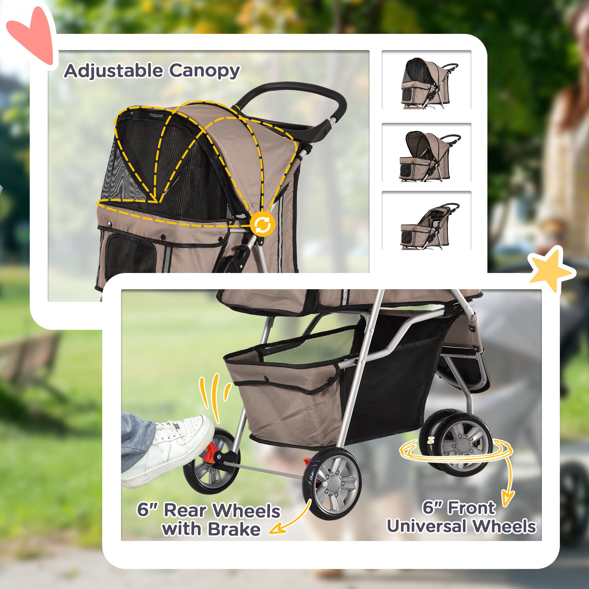 PawHut Dog Stroller, 3 Wheels Foldable Cat Dog Pram with Cup Holder, Storage Basket, Pet Stroller for Small Miniature Dogs, Brown 