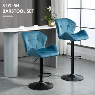 HOMCOM Bar Stools Set Of 2, Luxurious Velvet-Touch Barstools with Metal Frame Footrest Round Base Triangle Indenting Moulded Seat Adjustable Height Swivel Blue 