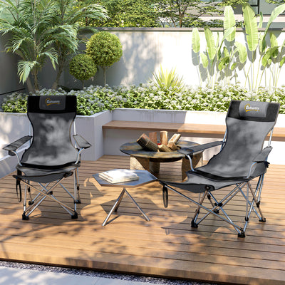 Outsunny Set of 2 Reclining Folding Camping Chair w/ Detachable Footrest, Storage Bag, Cup Holder & Headrest, Lightweight Portable Camp Chair for Beach, Picnic, Grey and Black 