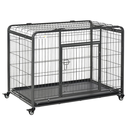 PawHut Metal Dog Cage Kennel Locking Door & Wheels Removable Tray Openable Top For Large Pets 109.5 x 71 x 78 cm 