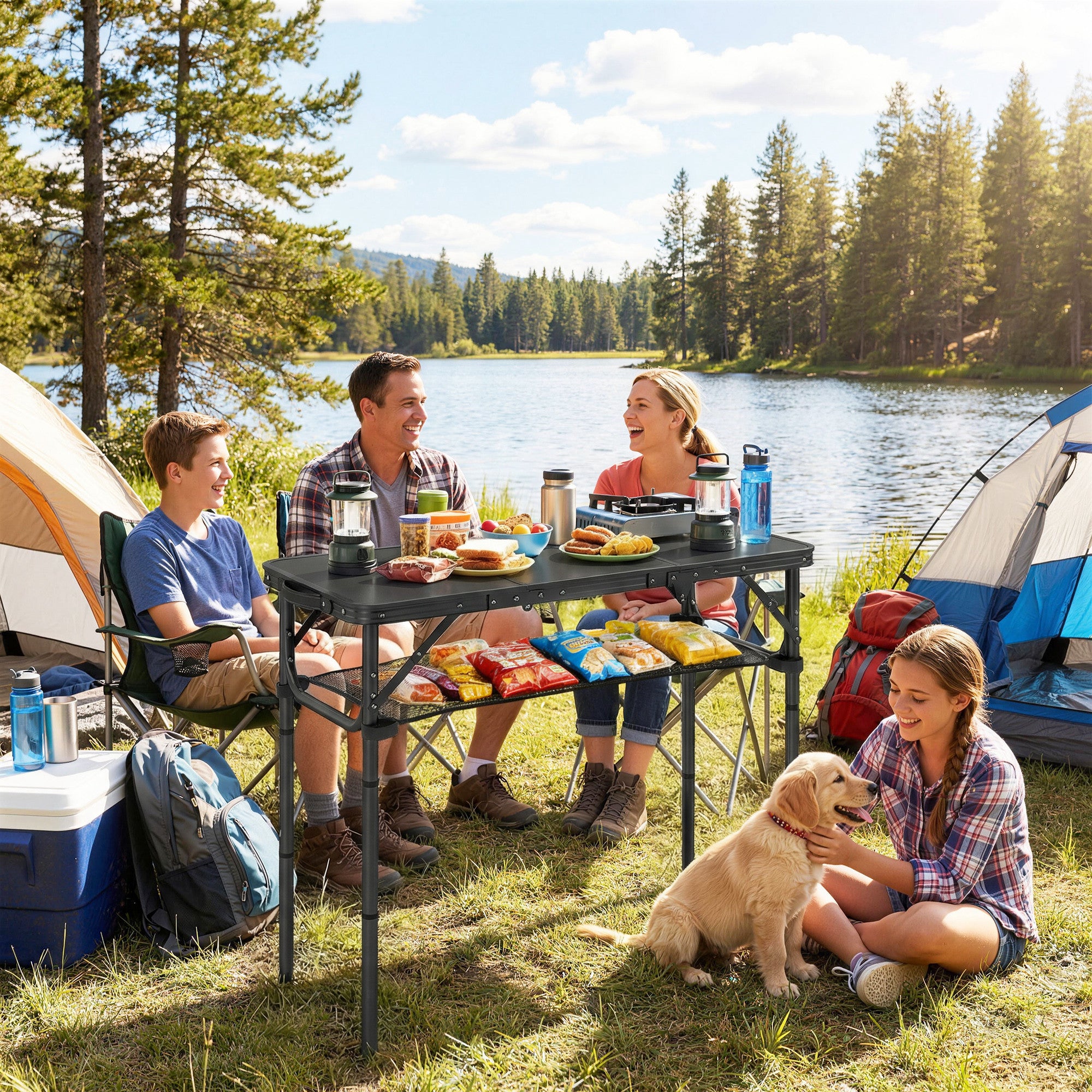Outsunny 3ft Folding Camping Table, Picnic Table with Mesh Storage Layer, Carrying Bag and Metal Frame, Black 