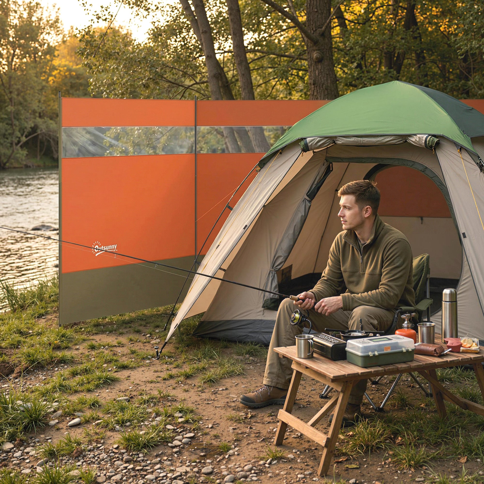 Outsunny Camping Windbreaker with Clear Windows, Carry Bag and Steel Poles, for Beach Caravan Campervan, 440 x 140cm, Orange 