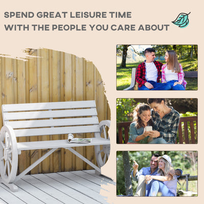 Outsunny Wooden Cart Wagon Wheel 2 Seater Garden Bench Outdoor Garden Armrest Chair Rustic High Back Loveseat Grey 