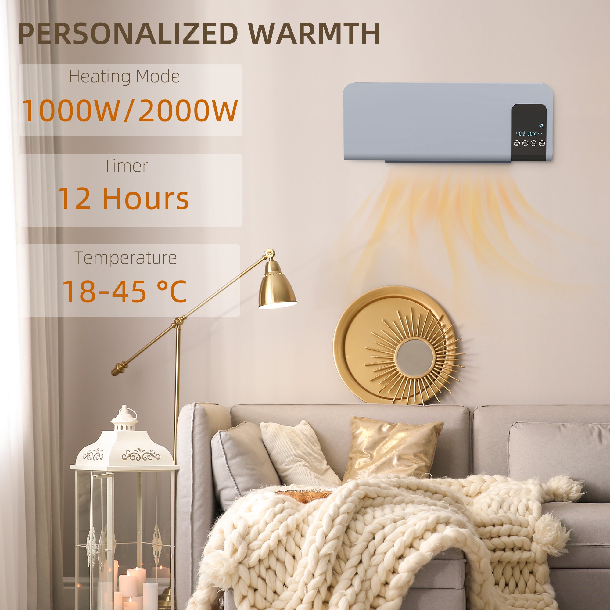 HOMCOM 2000W Wall Mounted Heater, 18-45°C Temperature, Grey