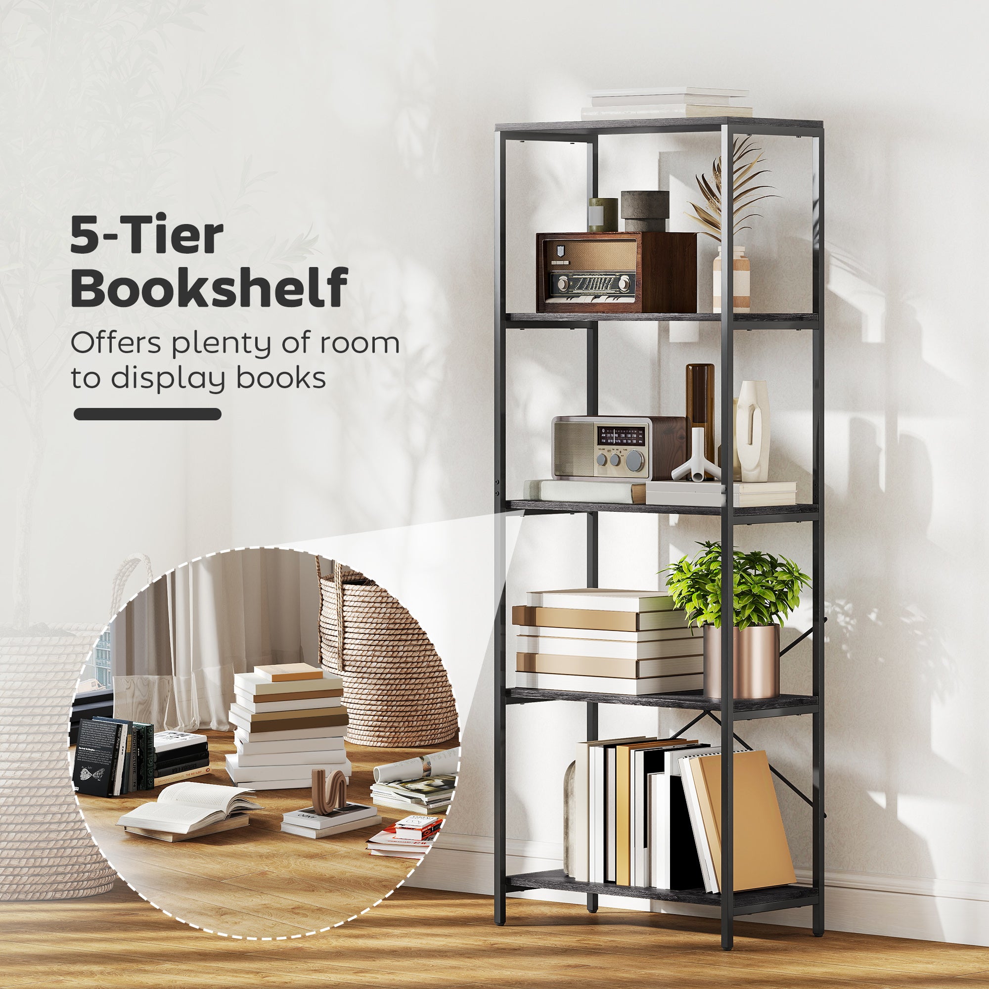 HOMCOM 5-Tier Bookshelf, Industrial Bookcase with Metal Frame - Dark Grey and Black 