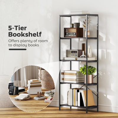 HOMCOM 5-Tier Bookshelf, Industrial Bookcase with Metal Frame - Dark Grey and Black 