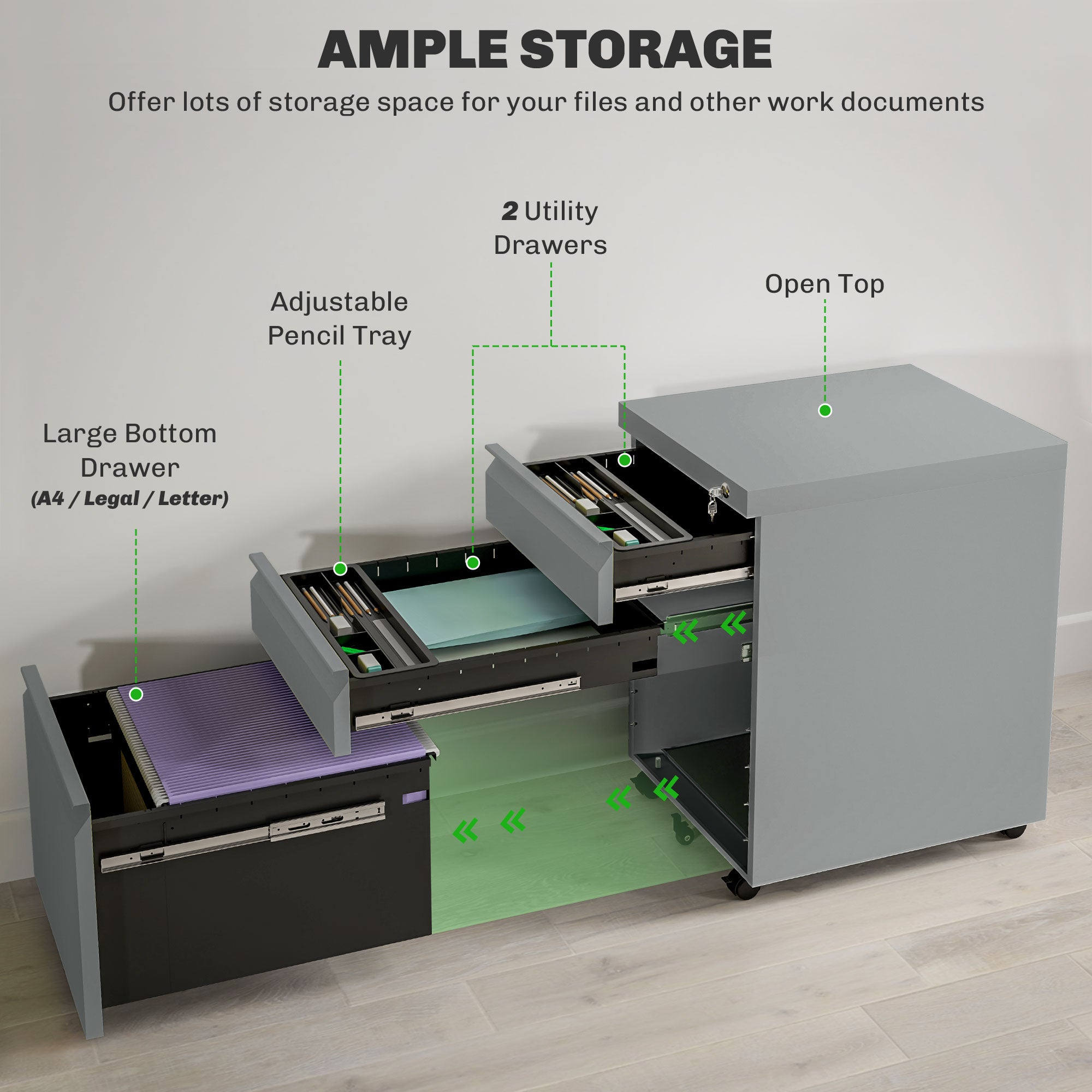 Vinsetto 3 Drawer Filling Cabinet, Mobile Metal File Cabinet with Anti-tilt Design for Letter, A4, Legal Size, Grey 