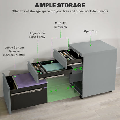 Vinsetto 3 Drawer Filling Cabinet, Mobile Metal File Cabinet with Anti-tilt Design for Letter, A4, Legal Size, Grey 