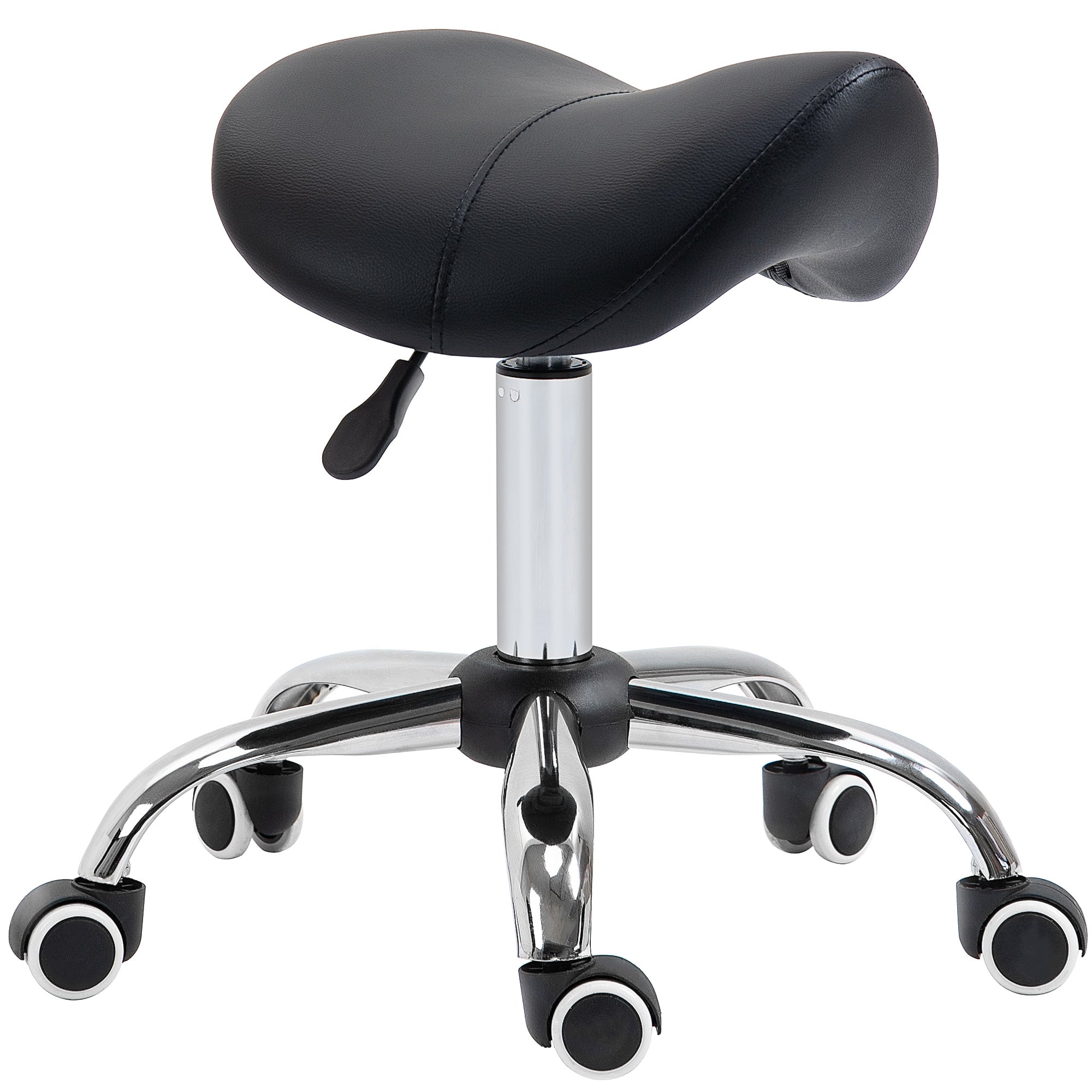 HOMCOM Cosmetic Stool 360° Rotate Height Adjustable Salon Massage Spa Chair Hydraulic Rolling Faux Leather Saddle Stool Mobility, Black 