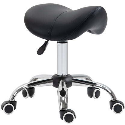 HOMCOM Cosmetic Stool 360° Rotate Height Adjustable Salon Massage Spa Chair Hydraulic Rolling Faux Leather Saddle Stool Mobility, Black 