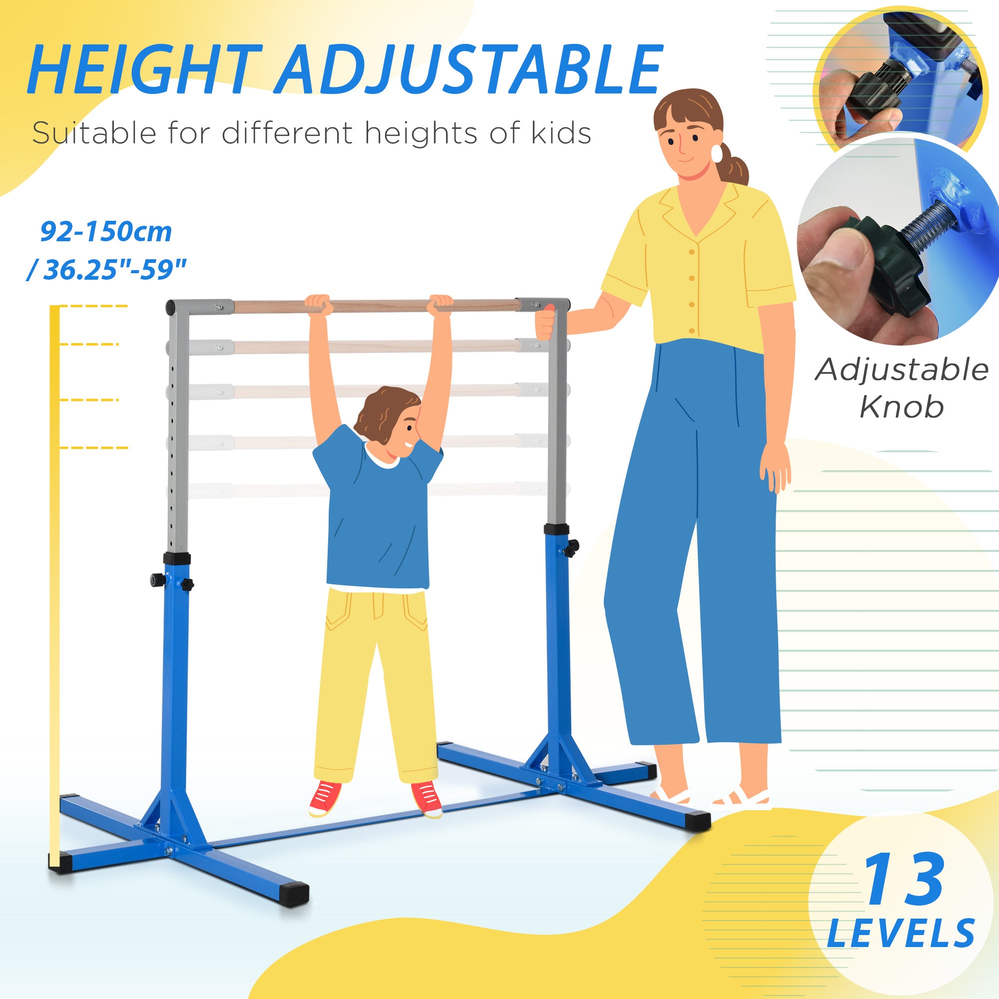 HOMCOM Height Adjustable Gymnastics Horizontal Bar for Kids, Children Junior Kip High Bar Fitness, Blue 