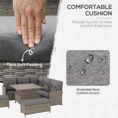 Outsunny 6 Pieces Outdoor PE Rattan Garden Furniture, Patio Wicker Sectional Conversation Corner Sofa w/ Soft Padded Cushion & Liftable Coffee Table, Light Grey 