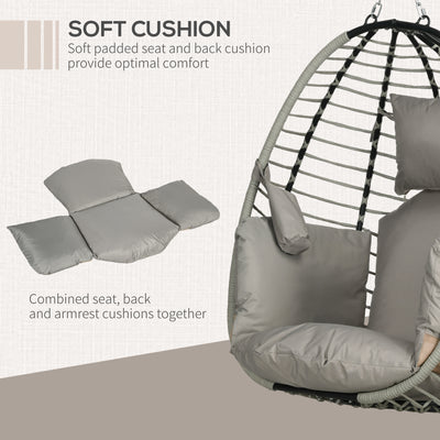 Outsunny Single Rattan Hanging Egg Chair, with Seat Cushion - Grey 
