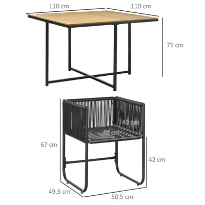 Outsunny 4 Seater Rattan Cube Garden Furniture Set, Rattan Dining Set with Cushions, Outdoor Dining Table and Chairs with Rectangular Wood Grain Plastic Top Table for Patio, Balcony, Black 