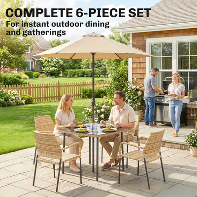 Outsunny 4 Seater Rattan Dining Set with Parasol, 6 Piece Garden Table and Stackable Chairs with Tempered Glass Tabletop 