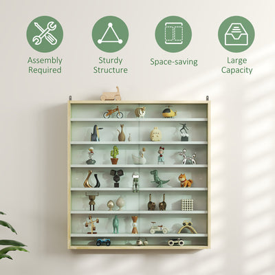 HOMCOM 7-Tier Wall Display Shelf Unit Cabinet w/ 6 Adjustable Shelves Glass Doors Home Office Ornaments 83x80cm, Oak 