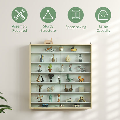 HOMCOM 7-Tier Wall Display Shelf Unit Cabinet w/ 6 Adjustable Shelves Glass Doors Home Office Ornaments 83x80cm, Oak 