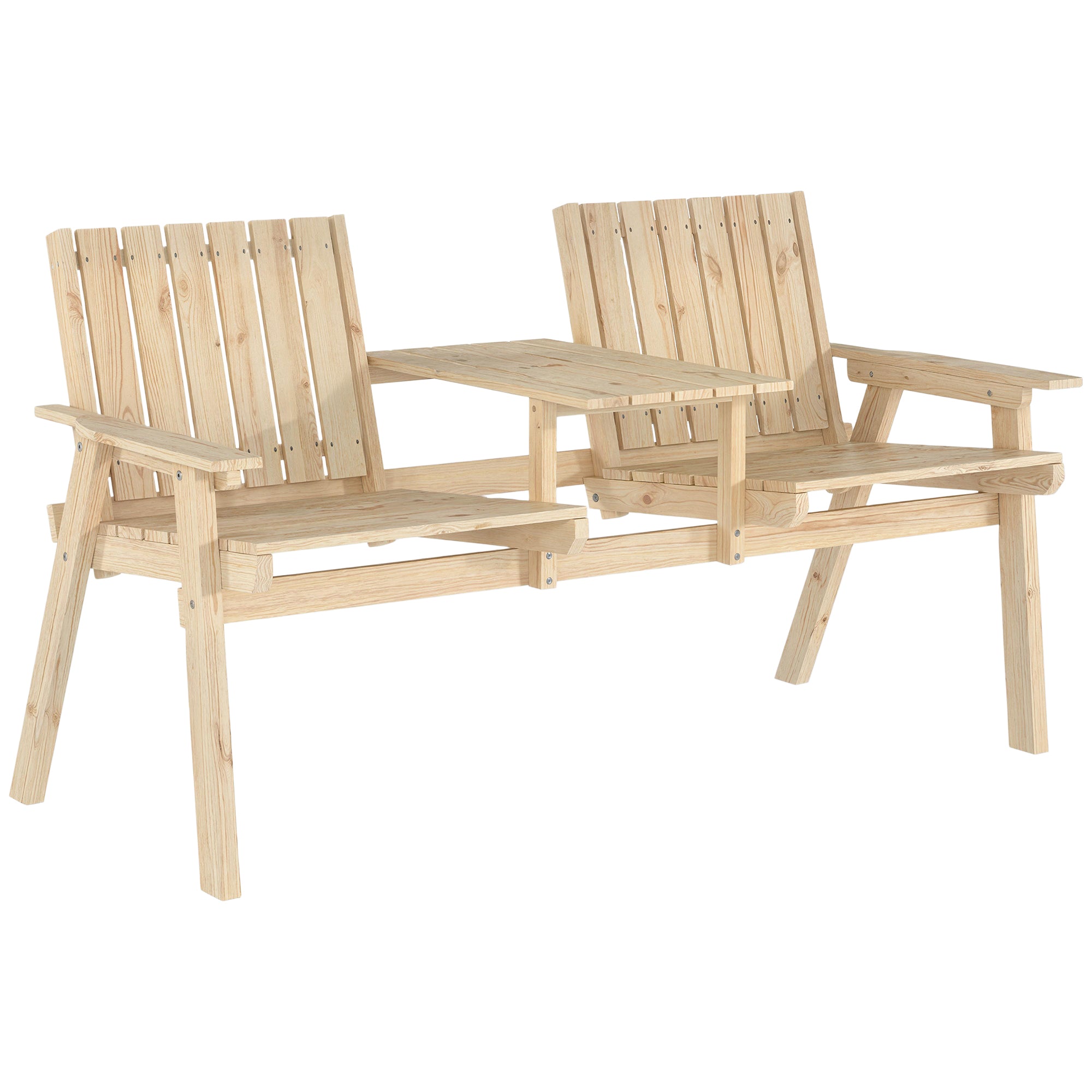 Outsunny 2-Seater Garden Loveseat with Table and Parasol Hole for Porch, Patio, Natural Wood Finish 