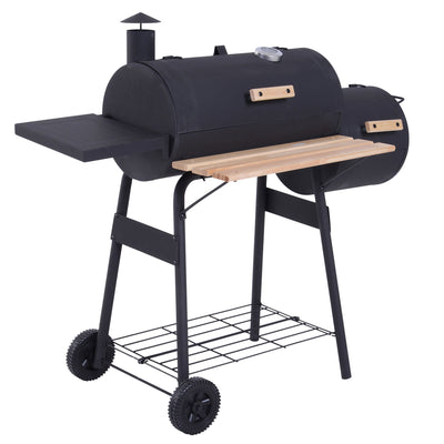 Outsunny Portable Charcoal BBQ Grill, Cold-rolled Steel, Solid Wood, 104H x 124L x53W cm-Black 
