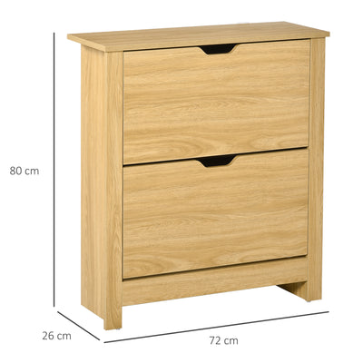 HOMCOM Narrow Shoe Cabinet, Space Saving Shoe Storage Cabinet with 2 Flip Drawers and Adjustable Shelves for 12 Pairs of Shoes for Hallways and Living Room, Natural Wood Finish 