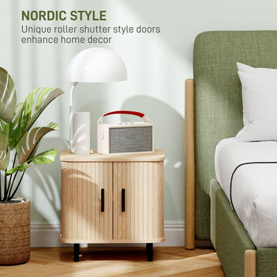 HOMCOM Bedside Table, Nordic Side Table with Roller Shutter Style Sliding Doors and Metal Legs for Bedroom, Living Room, Oak Tone 