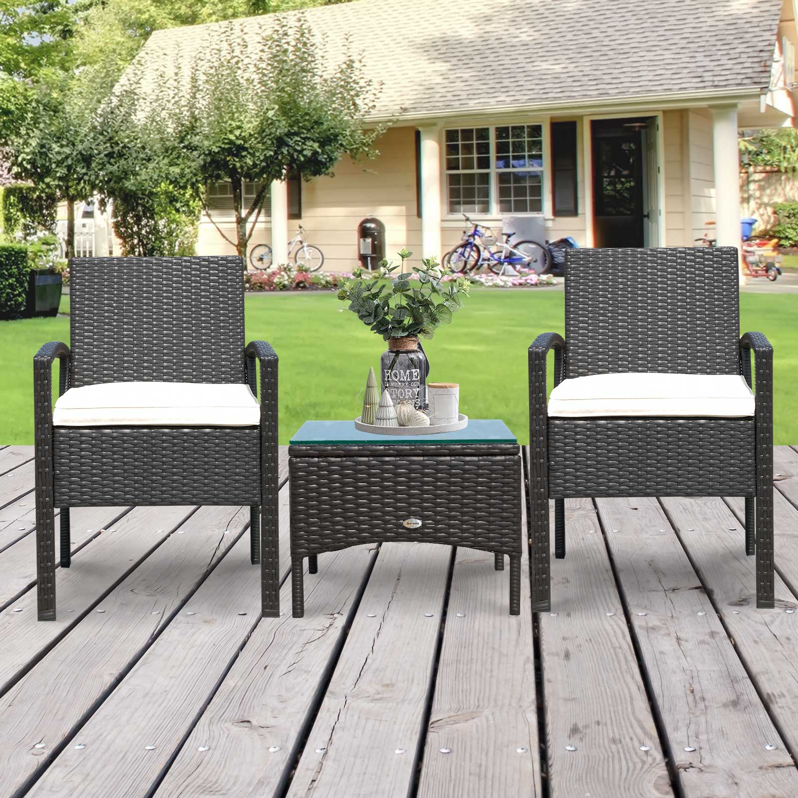 Outsunny 2 Seater Rattan Bistro Set, Steel-Brown 