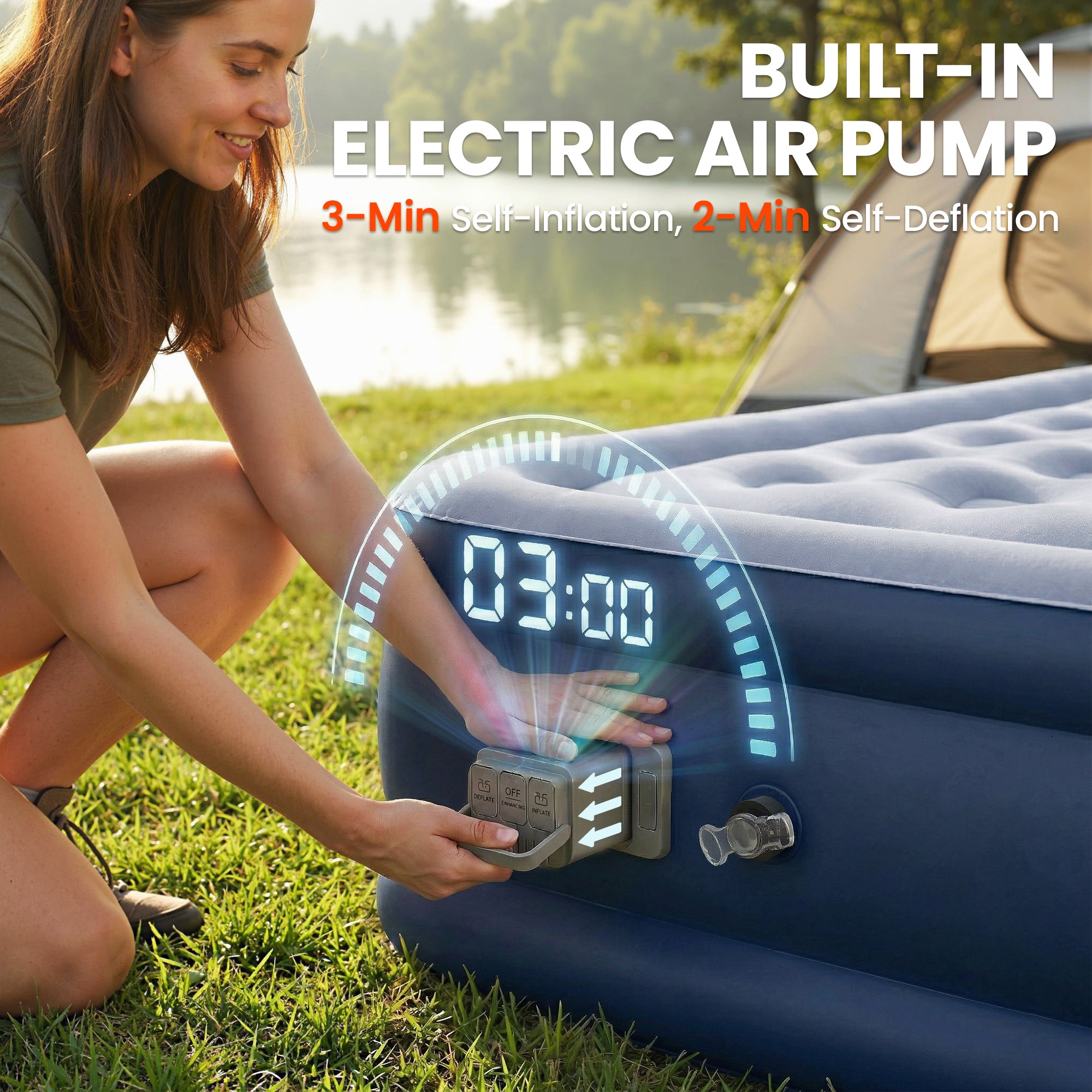 Outsunny Inflatable Mattress, Single Air Bed with Built-in Electric Pump, 3 Mins Inflation, Flocked Surface, Grey 