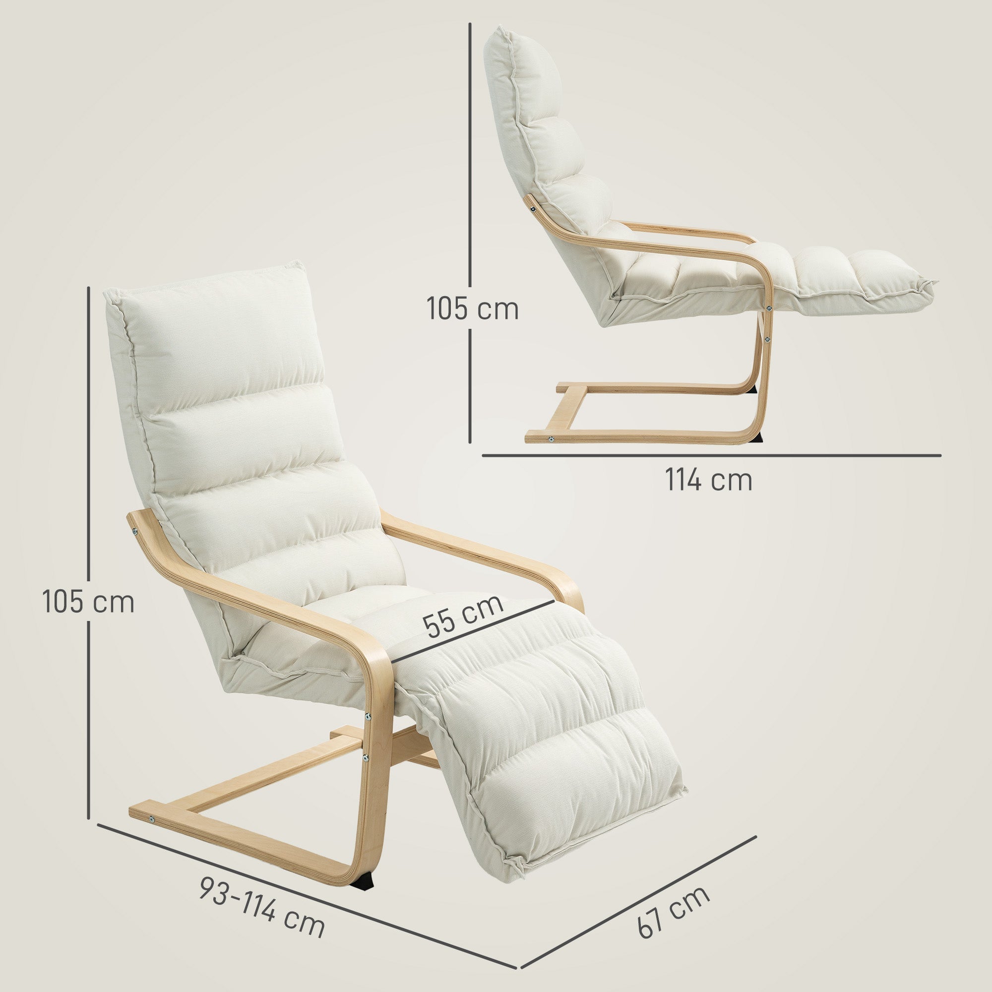HOMCOM Curved Wooden Accent Chair, with Adjustable Footrest - Cream White 
