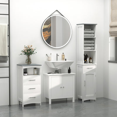 kleankin Tall Bathroom Storage Cabinet with 3 Tier Shelf, Cupboard, Drawer, Door, Freestanding Linen Tower, Slim Side Organizer, White 