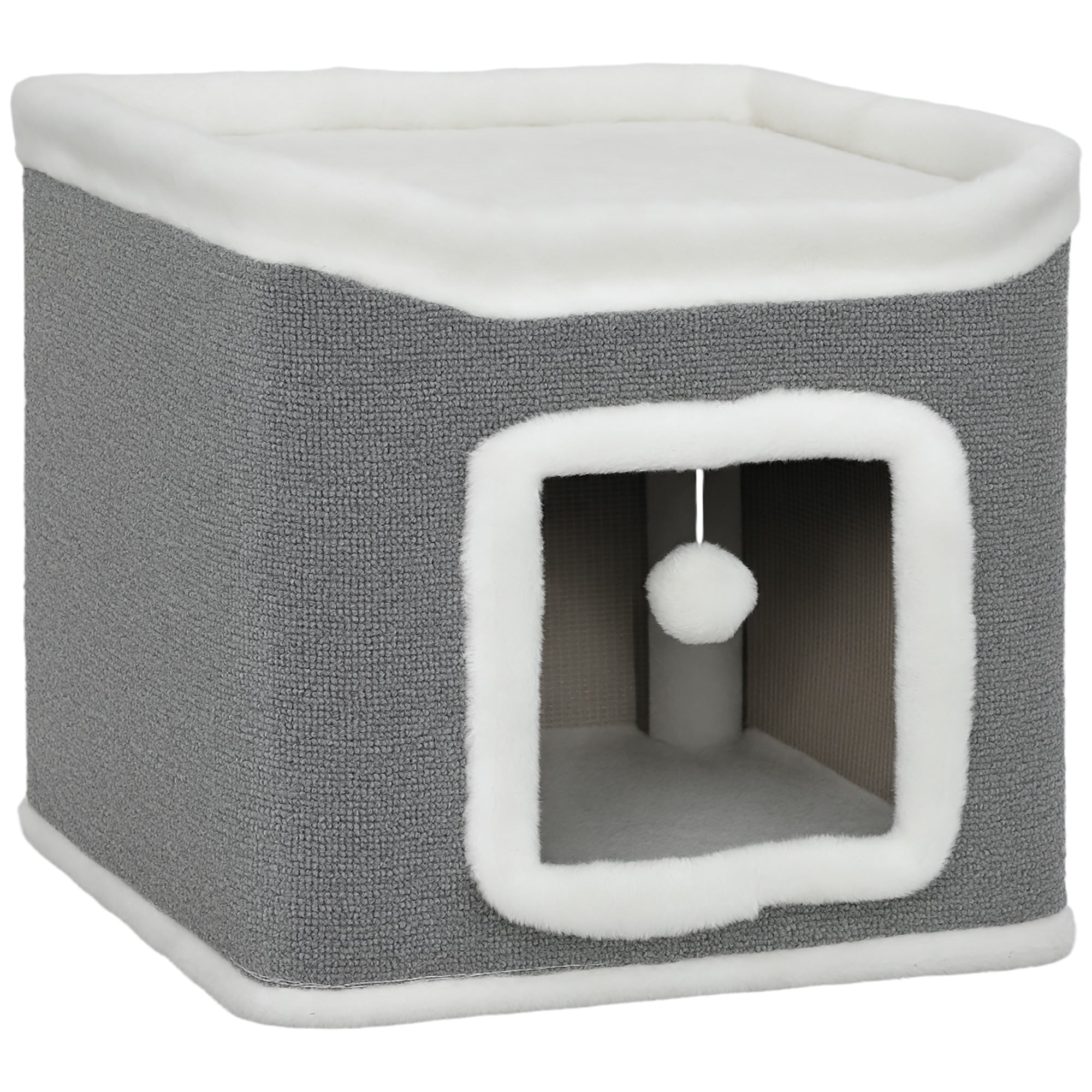 PawHut Cat House for Indoor Kittens, 2-Level Cat Cave Bed with Fluffy Balls, Top Bed, Kitten Barrel for Multi Kitties, Grey 