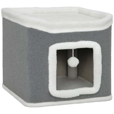 PawHut Cat House for Indoor Kittens, 2-Level Cat Cave Bed with Fluffy Balls, Top Bed, Kitten Barrel for Multi Kitties, Grey 