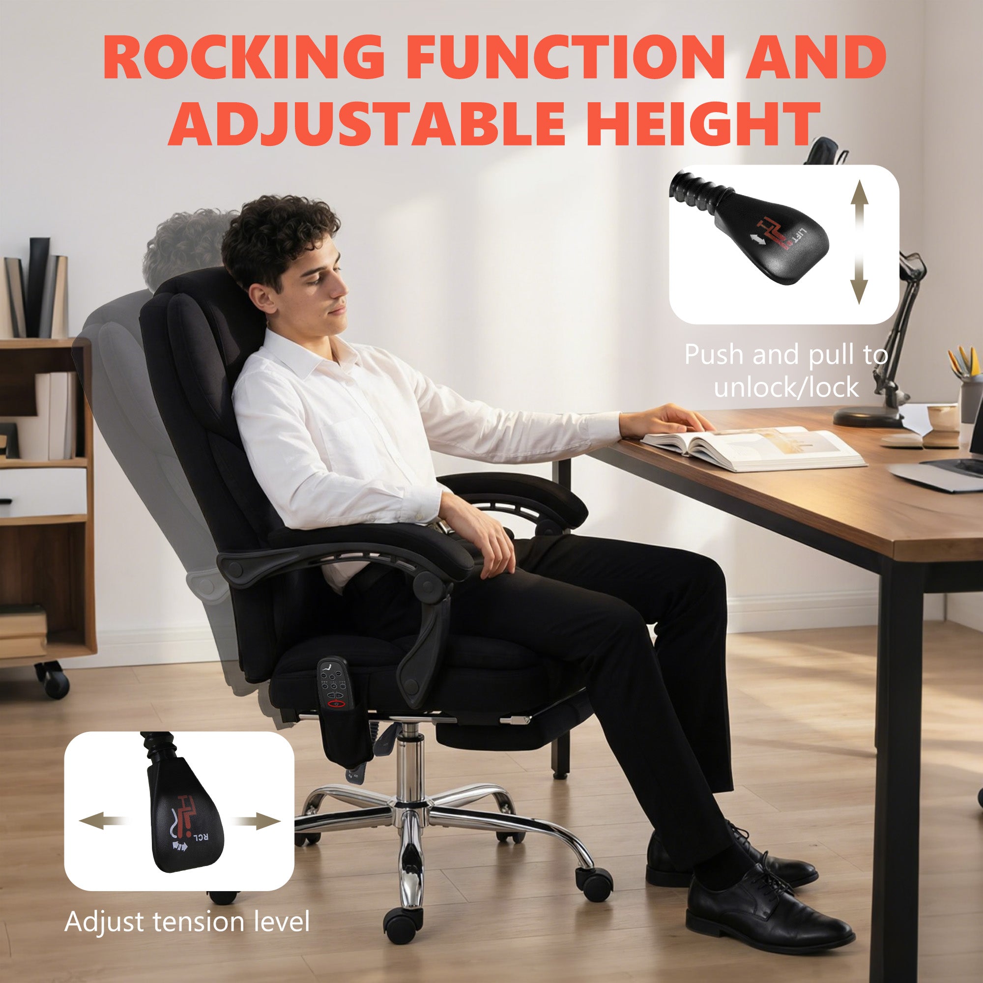 HOMCOM Office Chair with 6-point Vibration Massage and Heat, Fabric Desk Chair with Footrest, High Back, Black 