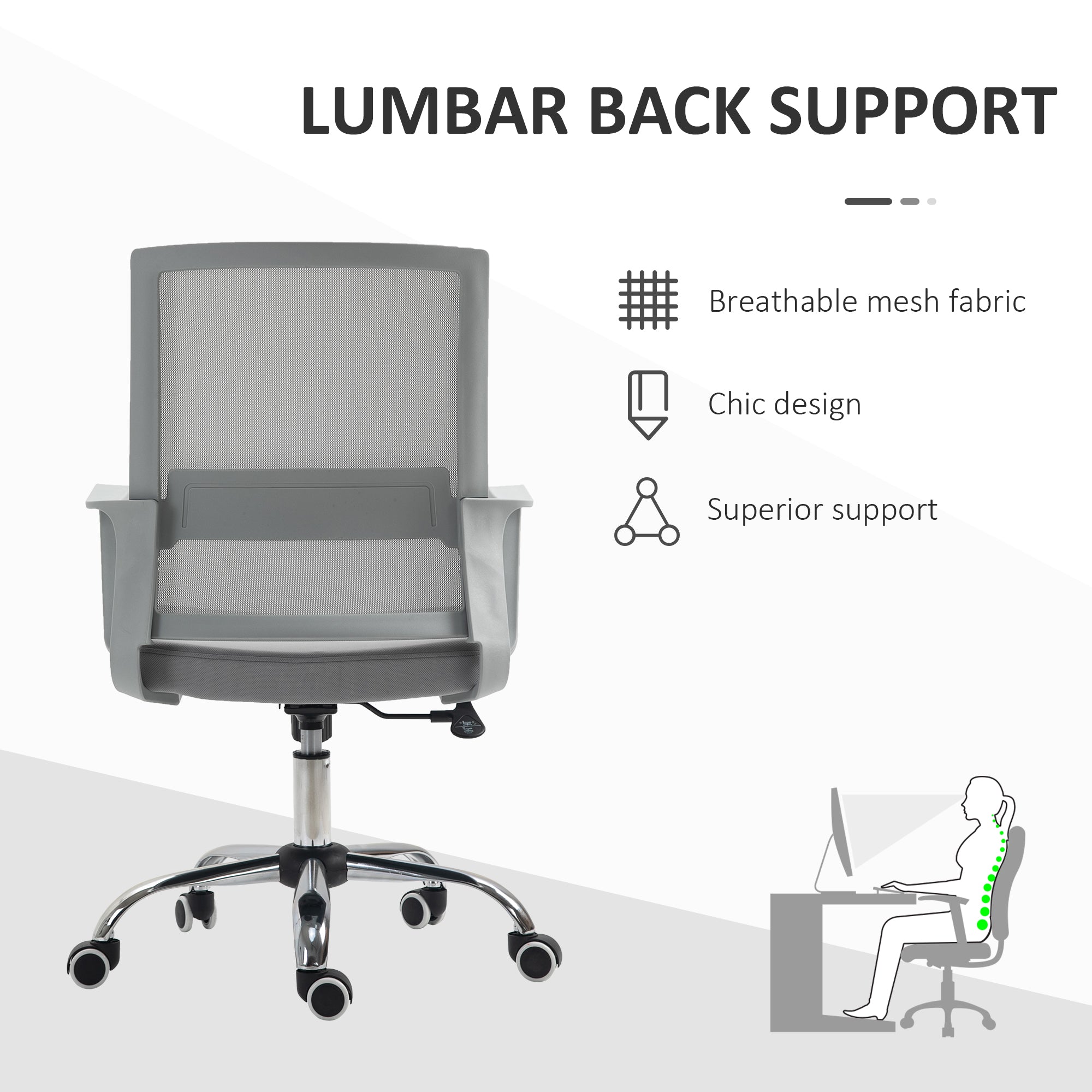 Vinsetto Ergonomic Desk Chair Mesh Office Chair with Adjustable Height Armrest and 360\'c2\'b0 Swivel Castor Wheels Grey