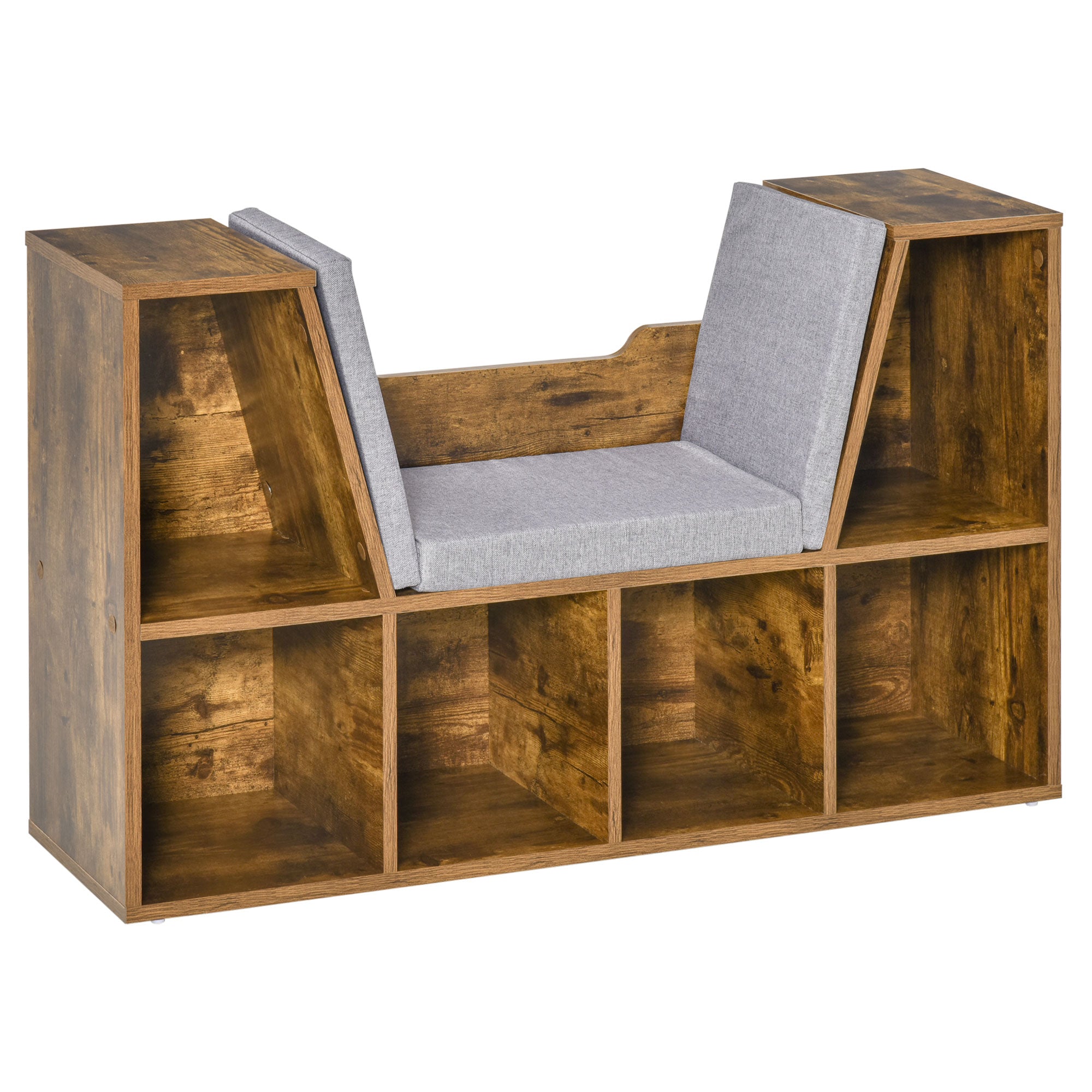 HOMCOM Bookcase Storage Shelf with Cushioned Reading Seat, Cube Bookshelf Organizer for Bedroom Living Room, Rustic Brown 