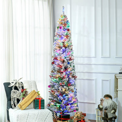 HOMCOM 7ft Snowy Artificial Christmas Tree, with Lights, Decorations and Pine Cones 