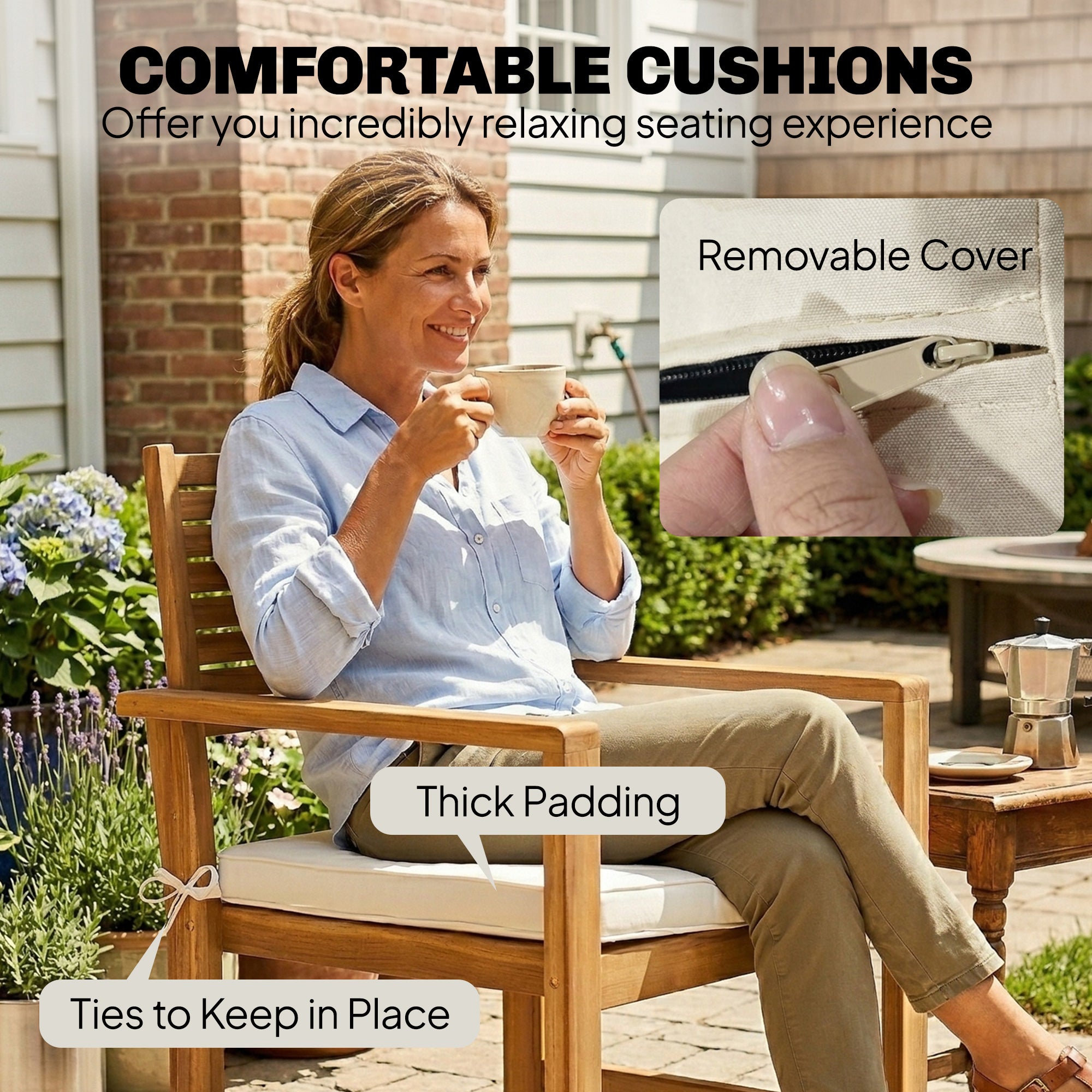 Outsunny 4 Seater Wooden Garden Furniture Set with Loveseat, Armchairs, Table, Acacia Wood Garden Sofa Set, Cream White 