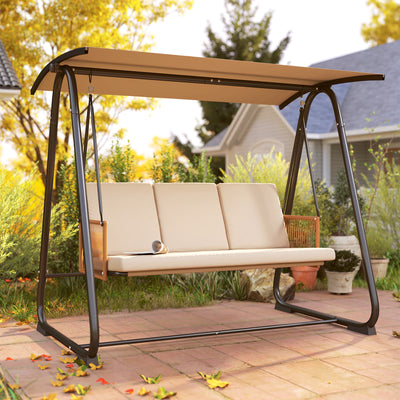 Outsunny 3 Seater Swing Chair with Adjustable Canopy, 360 kg Garden Swing Seat Outdoor Hammock Bench with Cushions, Sand Brown 