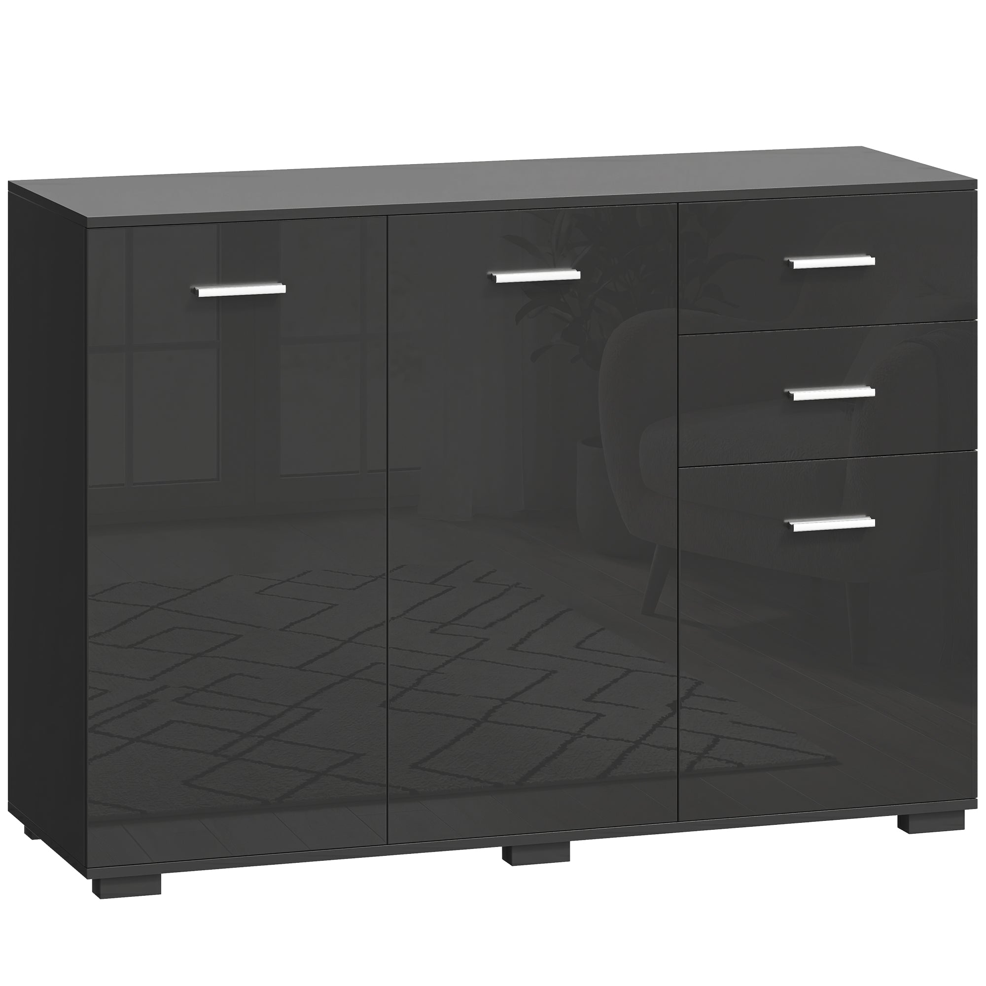 HOMCOM Sideboard, Modern Storage Cabinet with 2 Drawers, 3 Doors and Adjustable Shelves, High Gloss Black 