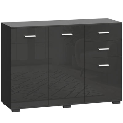 HOMCOM Sideboard, Modern Storage Cabinet with 2 Drawers, 3 Doors and Adjustable Shelves, High Gloss Black 