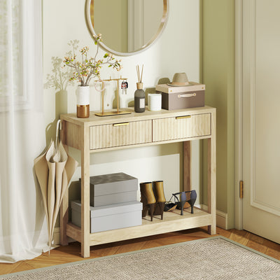 HOMCOM Modern Console Table with Fluted Panel Drawers, Narrow Hallway Table with Shelf for Entryway, Living Room, 90 x 30 x 76 cm, Natural Wood Finish 