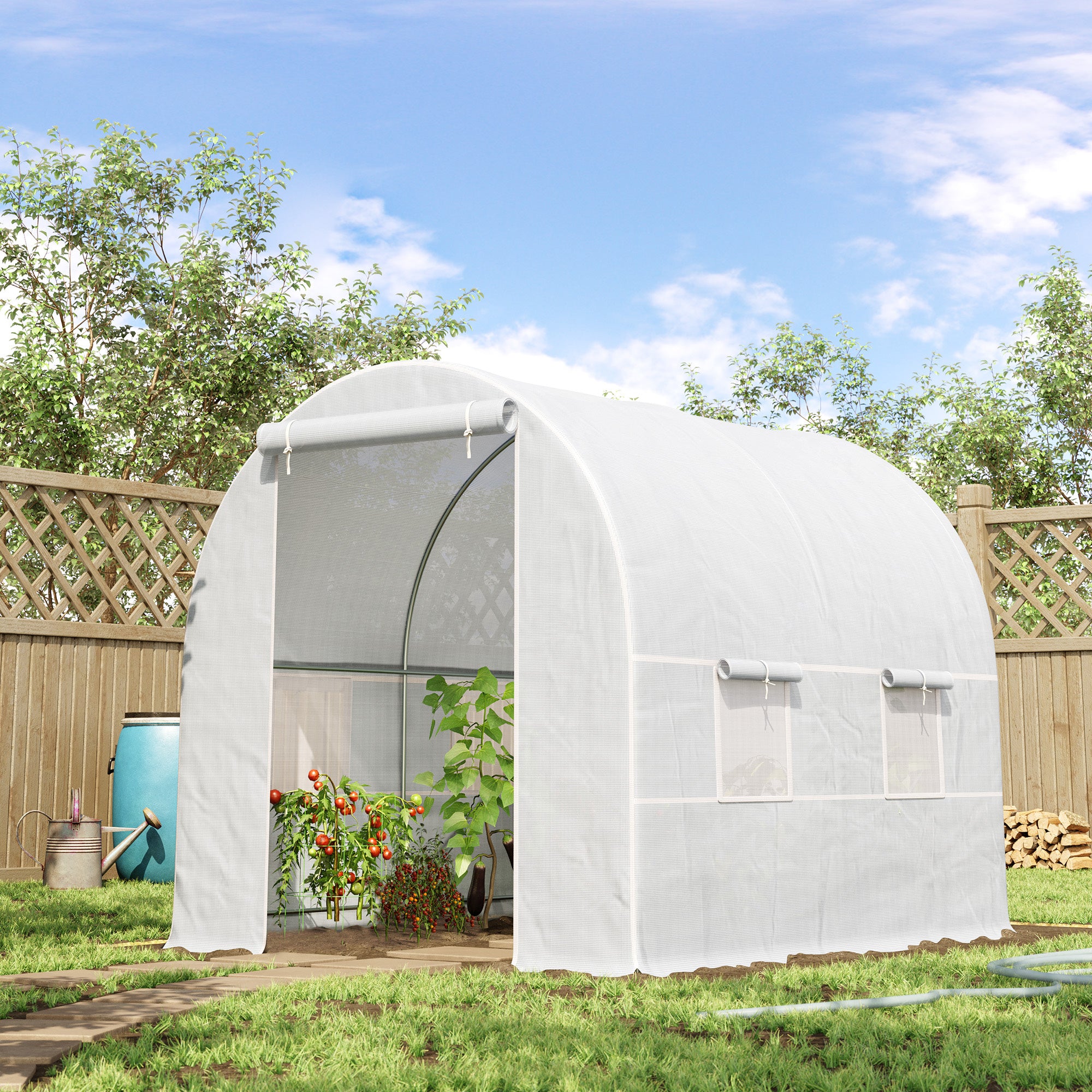 Outsunny 2.5 x 2 x 2 m Polytunnel Greenhouse, Walk-in Green House for Garden with Mesh Windows, Galvanised Steel Frame, White 