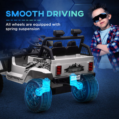 AIYAPLAY 12V Battery Powered Kids Ride-On Car, Electric Truck w/ Spring Suspension, Remote, Music, Horn, Lights, White 