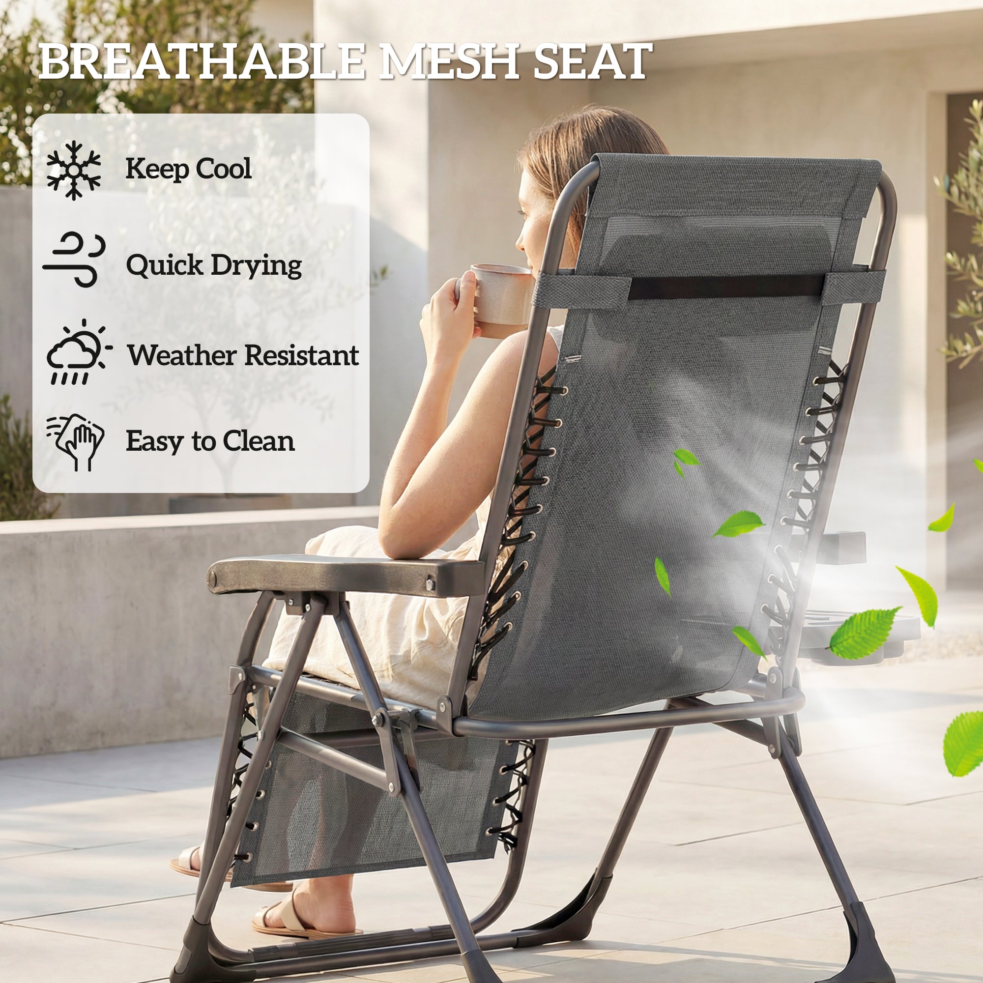 Outsunny Zero Gravity Chairs Set of 2, Folding Sunloungers Reclining Garden Chairs with Cup Holder, Headrest, Dark Grey 